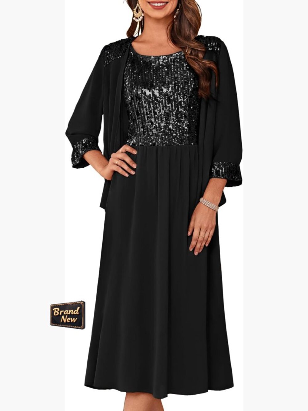 Sequined Mother of the Bride Dress with Jacket Formal Tea Length